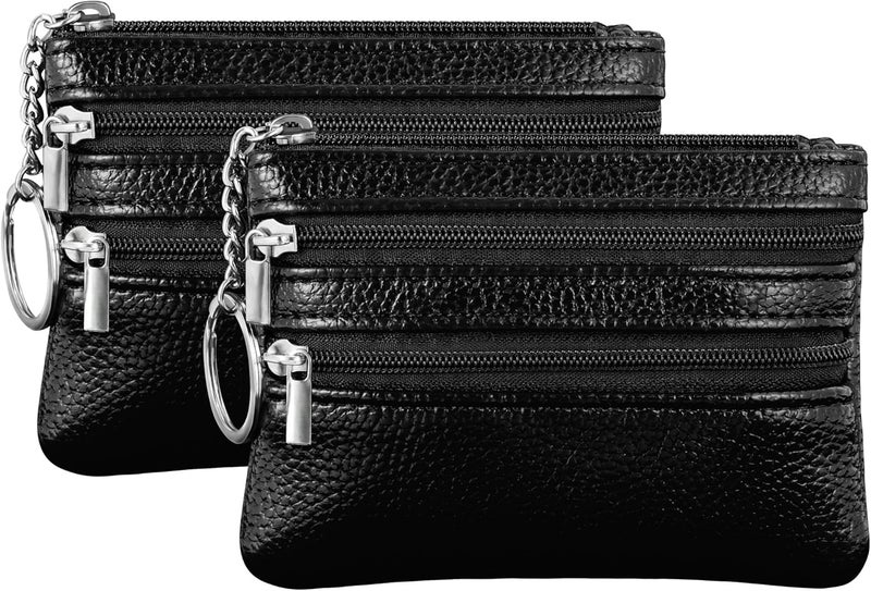 Chelmon 2 Pack Coin Purse Pouch Change Card Holder Small Wallet with Keychain for Women and Men (Black & Black) - Image 1